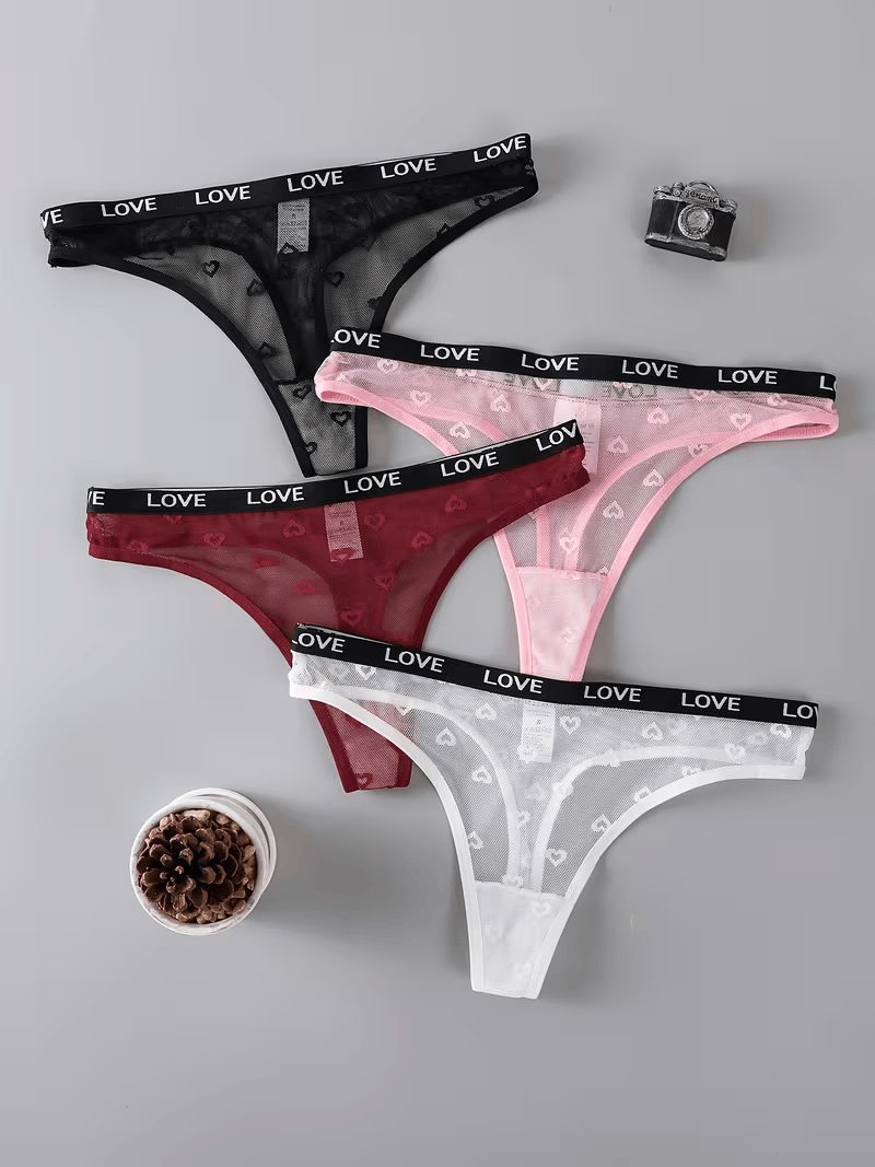 TANGAS PARA MUJER, ELEGANTES Y VERSÁTILES, CÓMODAS Y TRANSPIRABLES, CON ESTAMPADO DE CORAZONES LOVE Y APLIQUES DE ENCAJE