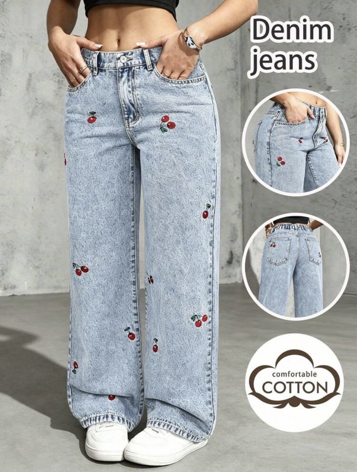 Jeans con bordado elegante de cereza
