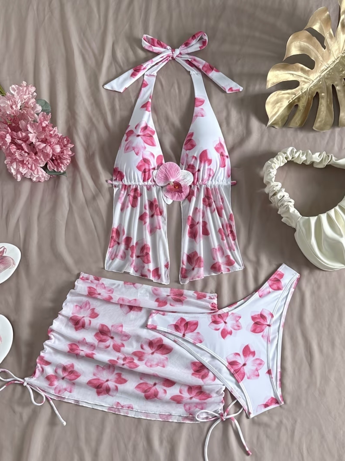 Conjunto de traje de baño de 3 piezas con estampado floral casual vacacional 💓