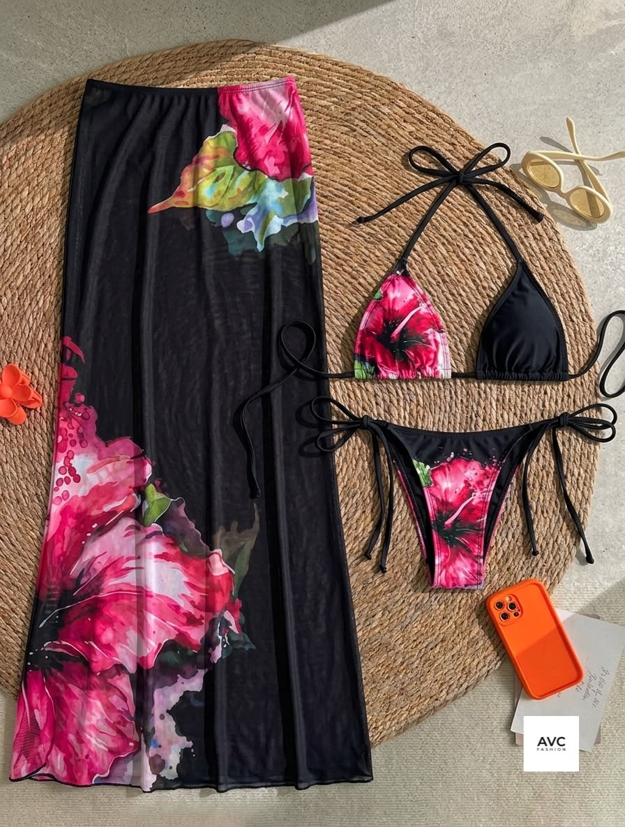 Traje de baño de 3 piezas con falda de malla estampados floral juvenil a la moda