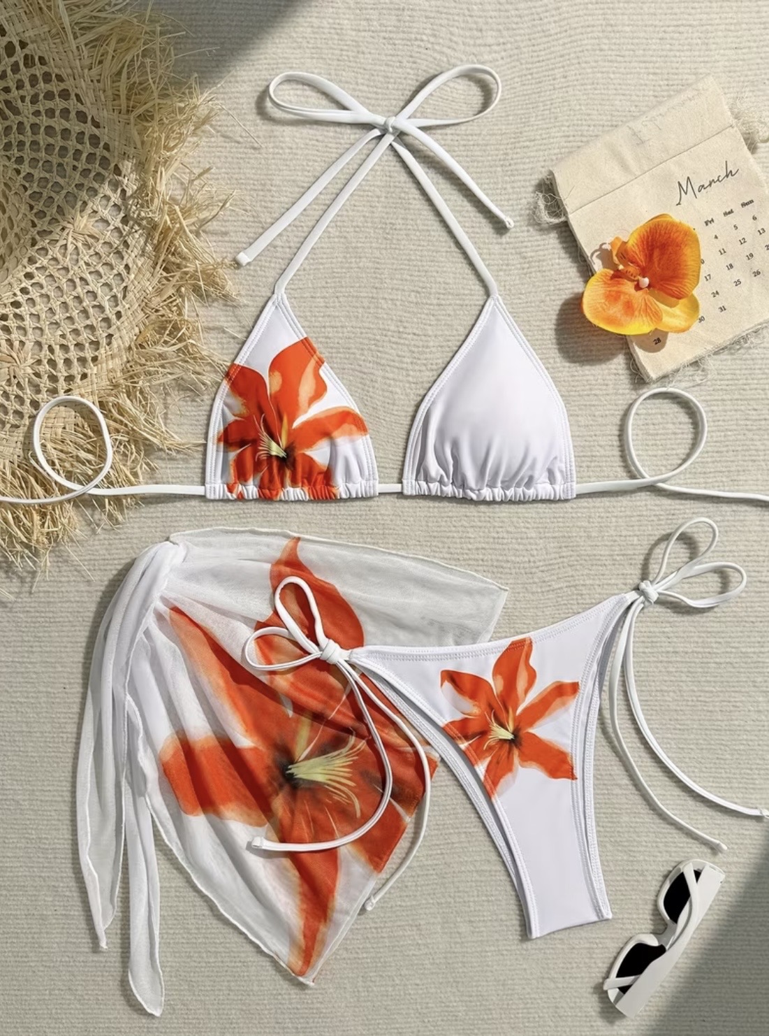 Traje de baño de 3 piezas con falda de malla floral estampado floral