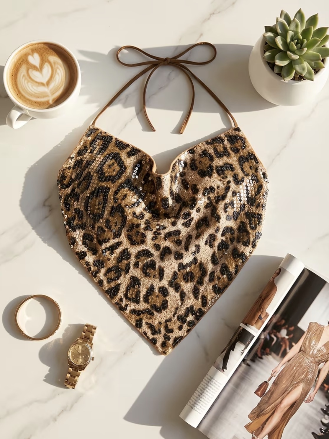 Top corto de mujer  con estampado de leopardo y lentejuelas, tipo halter, blusa sin mangas con cuello en V, de moda para salir, fiesta o cita nocturna